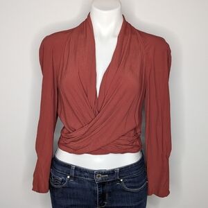 Express Burnt Orange/Red Wrap V Neck Long Sleeve Crop Top S